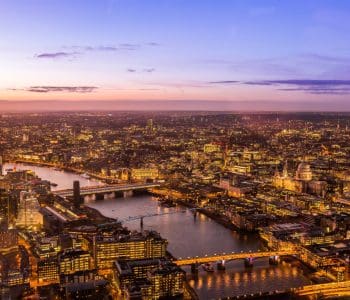 Overhead shot of London skyline with River Thames at sunset