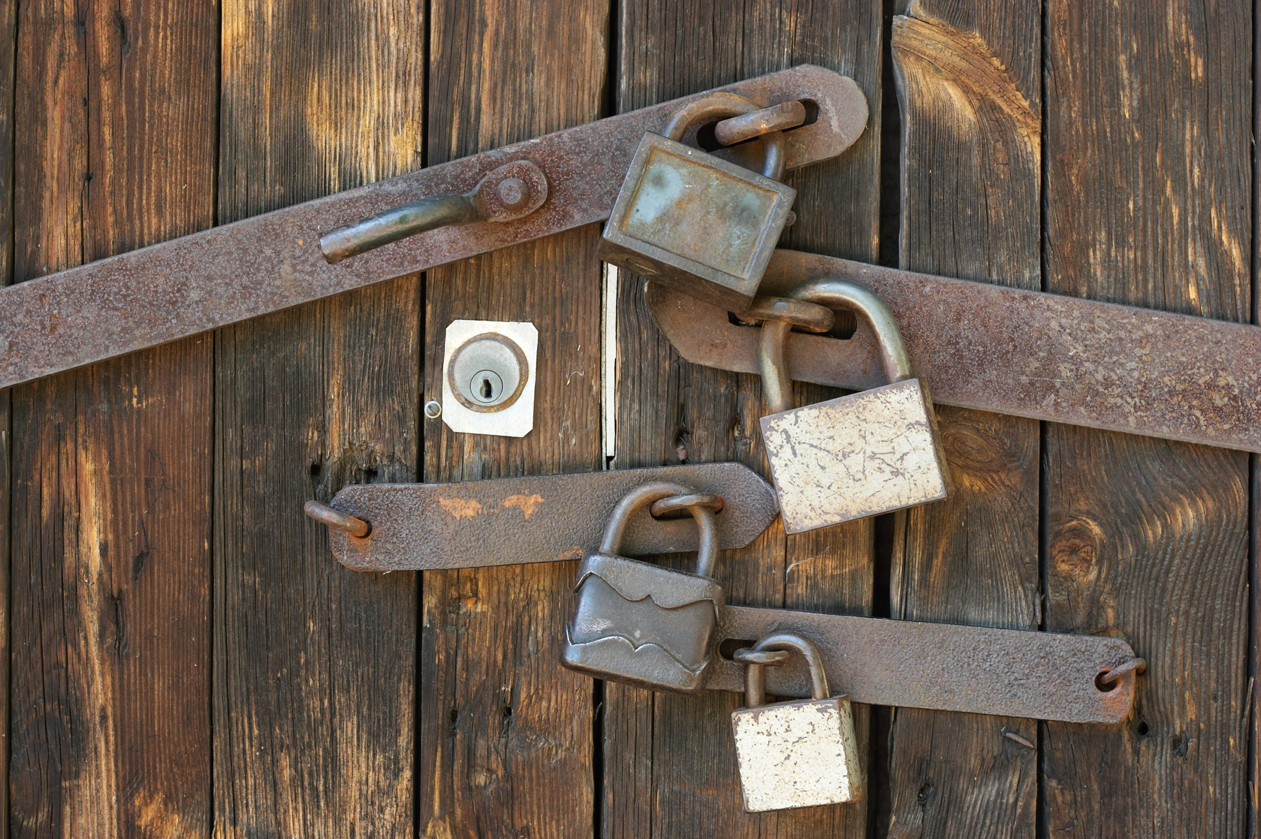 Several padlocks and rusted locks on a solid wooden door